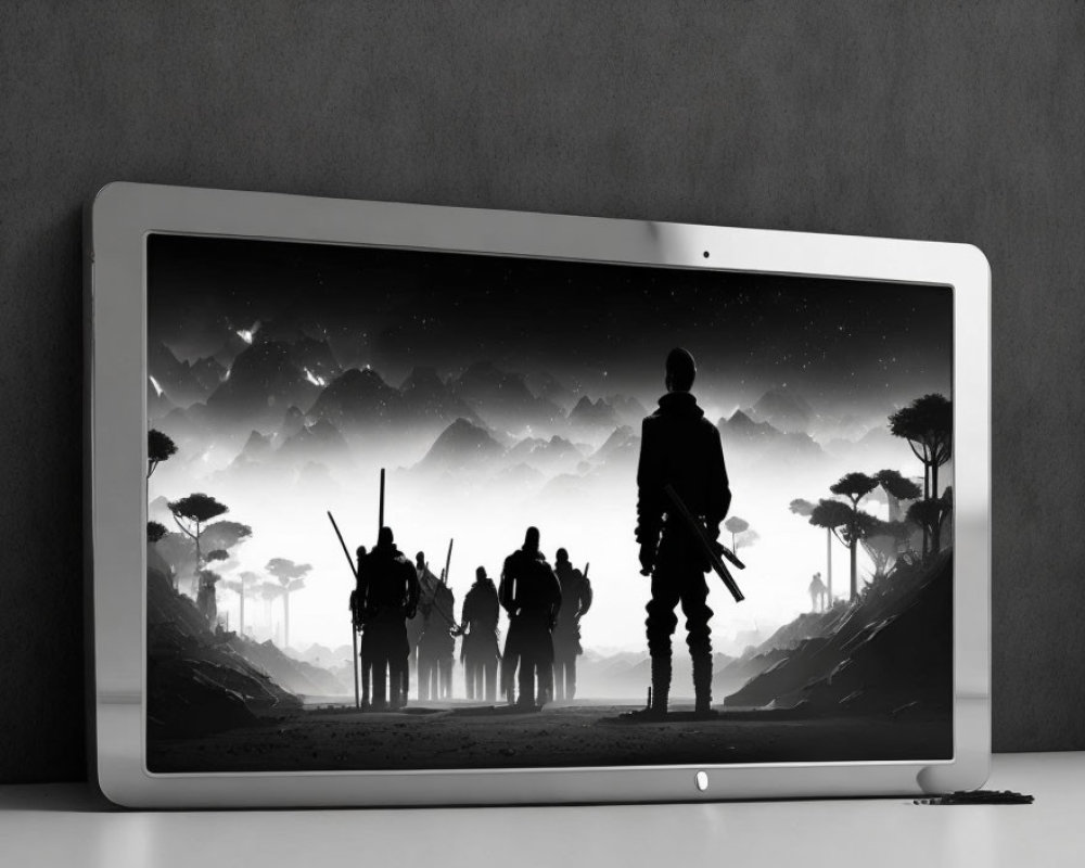Monochrome Silhouetted Figures Wallpaper on Desktop Computer