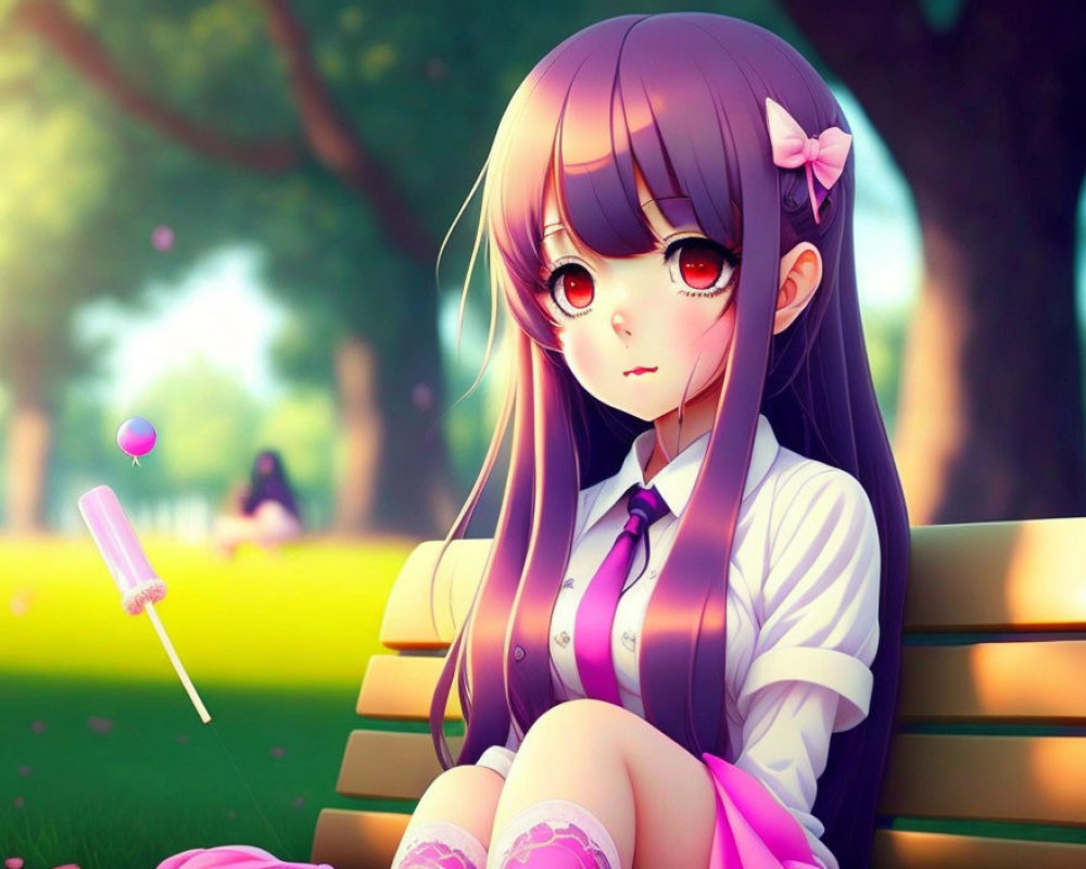 Purple-haired anime girl in school uniform with dropped ice lolly on bench