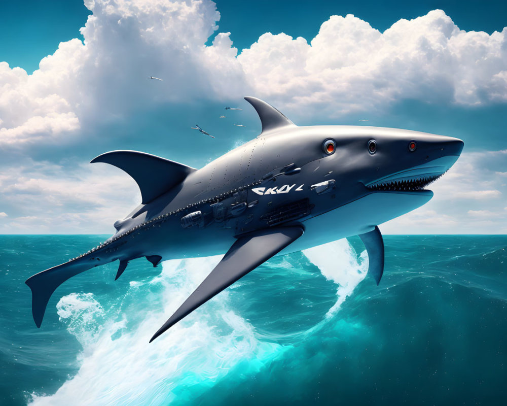 Digital artwork: Mechanical shark leaping from turbulent ocean