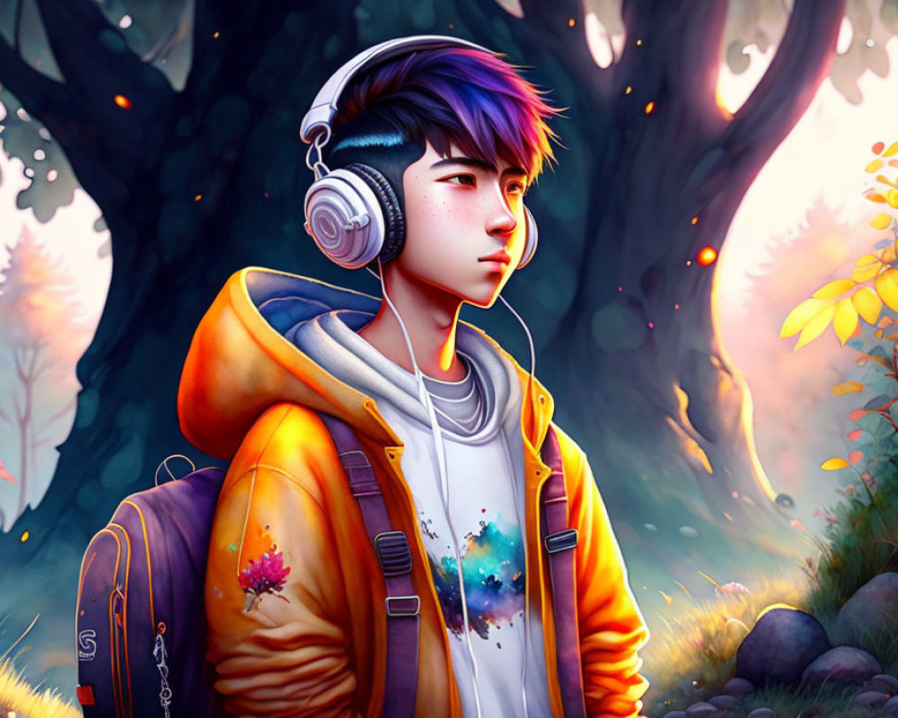 Vibrant blue hair young person in colorful jacket in whimsical forest