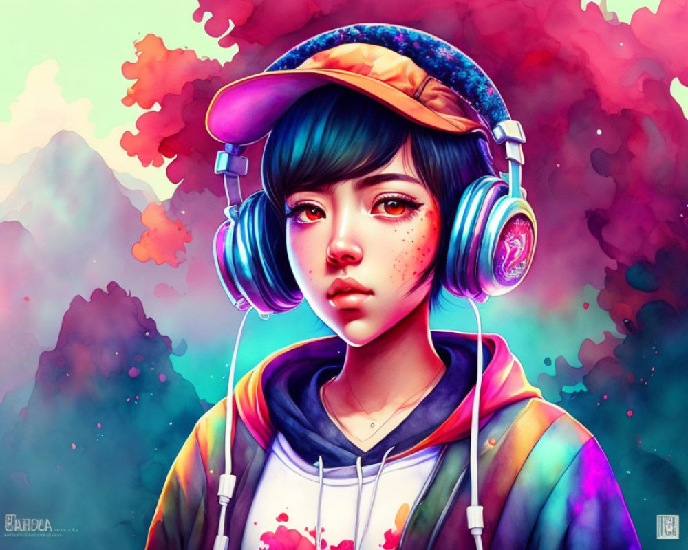 Colorful illustration of young person with cap and headphones in dreamy setting.