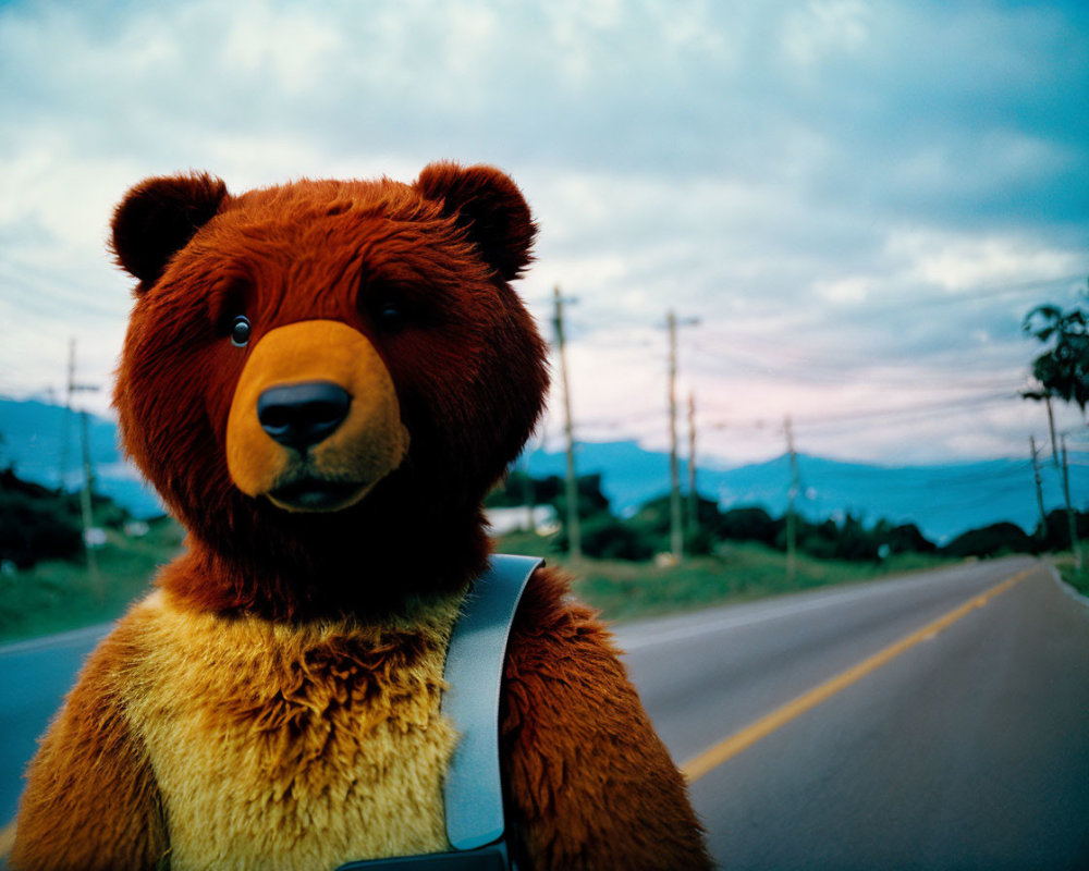 Person in bear costume on road under twilight sky