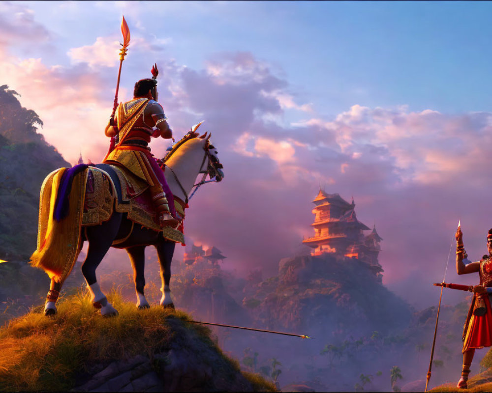 Decorated horseback warrior converses with spear-wielding figure in mountainous landscape at dusk