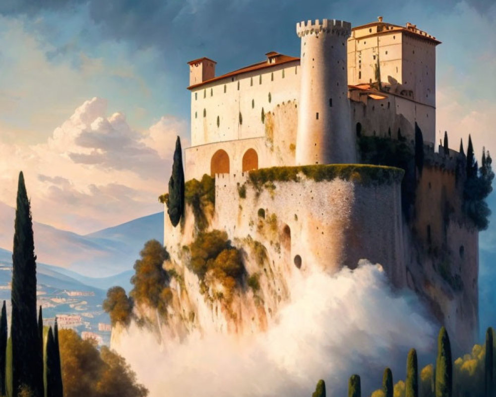 Majestic castle on cliff with cypress trees and golden sky