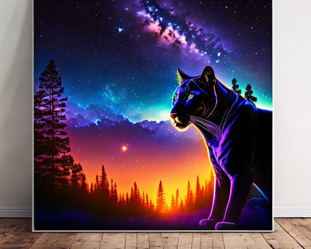 Colorful Silhouetted Cat Art Print with Night Sky and Sunset Horizon