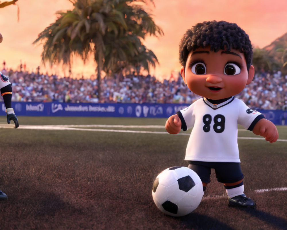 Excited child in soccer uniform on field at sunset
