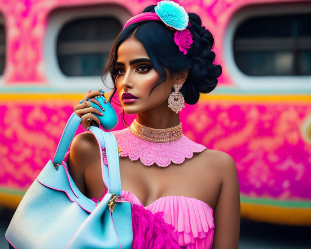 Woman in Pink Outfit with Bold Makeup and Blue Bag