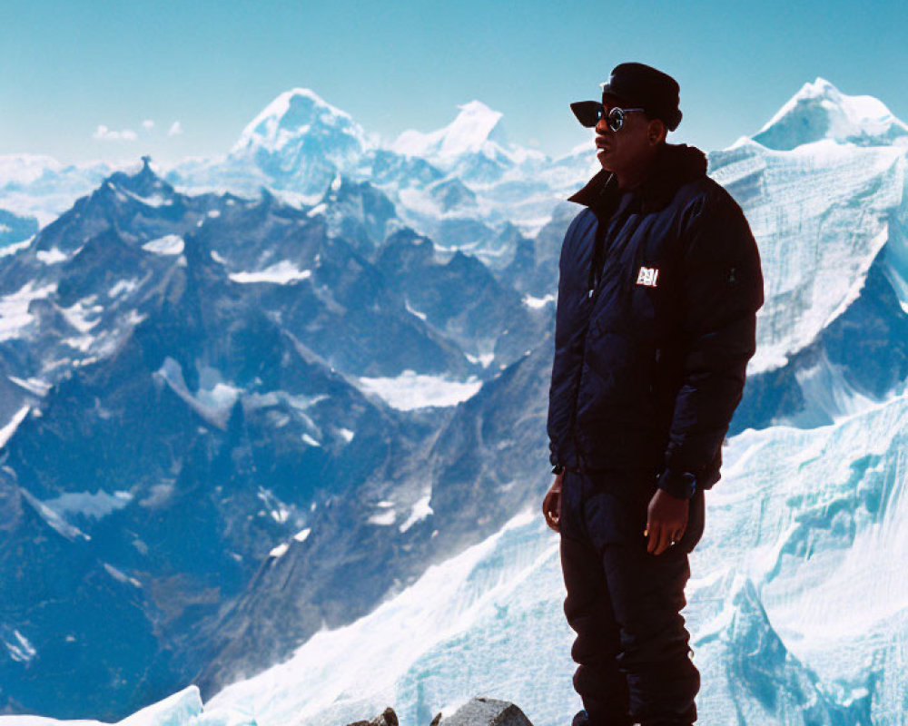 Person in dark winter clothing on snowy mountain peak