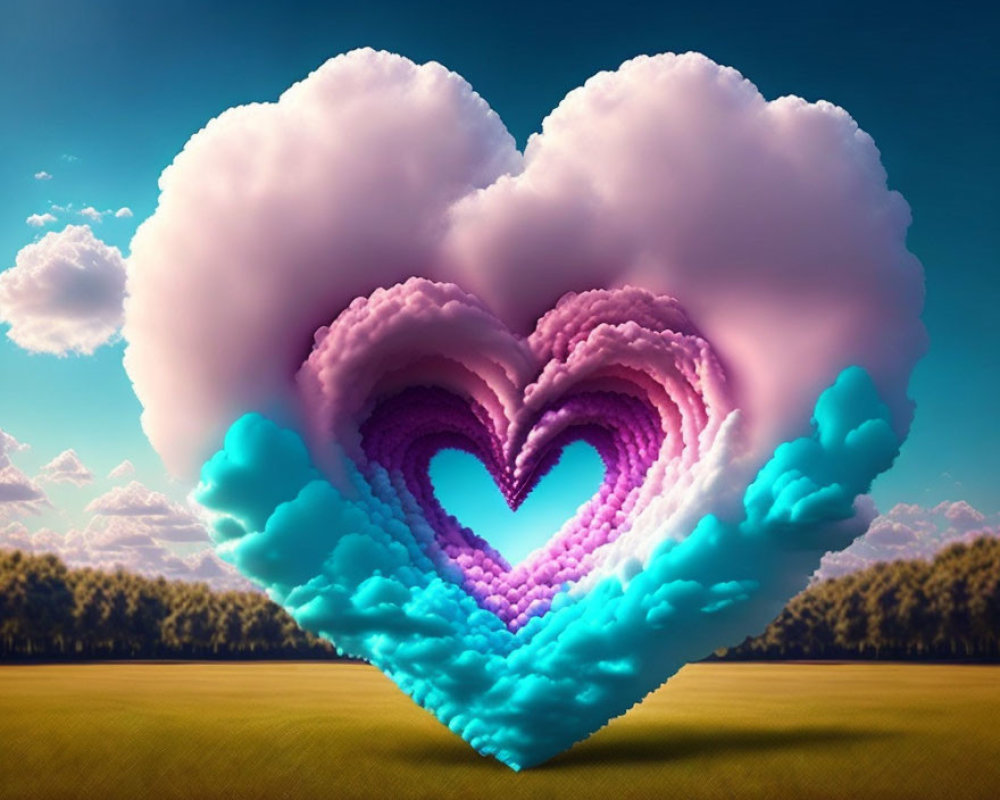 Multilayered heart-shaped cloud formation in pink and blue above green meadow