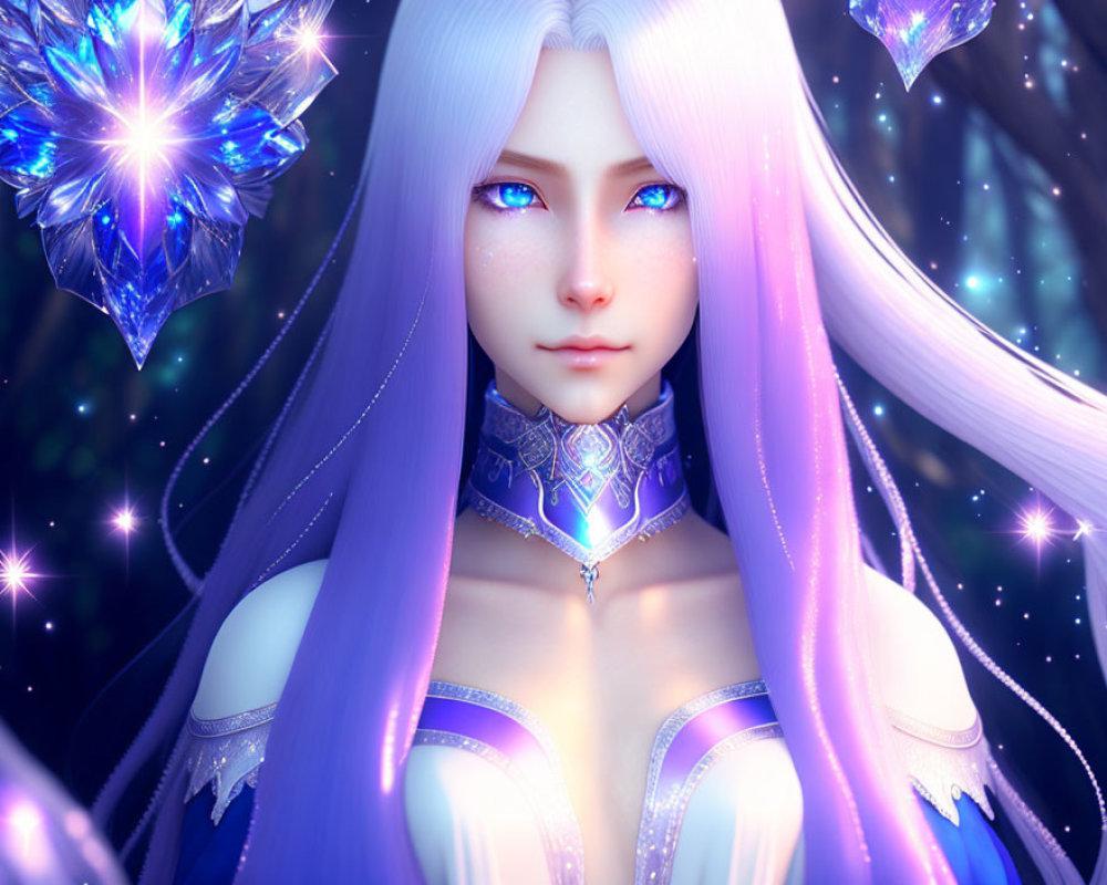 Ethereal animated character with purple hair, blue eyes, and mystical crystal in starry setting