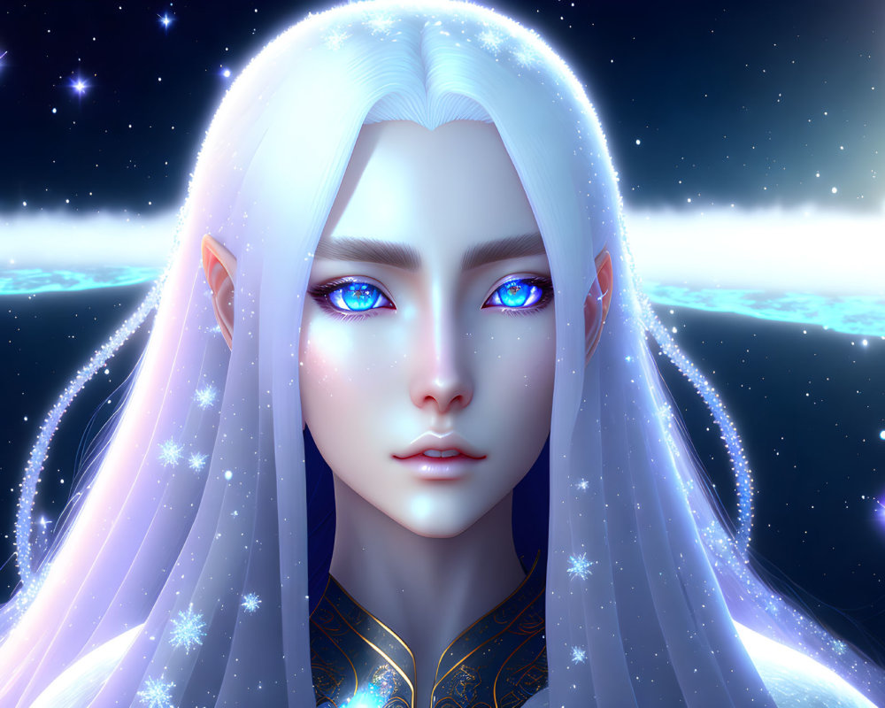 Character with Glowing Blue Eyes, White Hair, Pale Skin in Mystical Night Sky