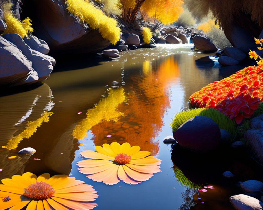 Colorful landscape: Yellow trees, rocky terrain, flowers, and clear blue skies