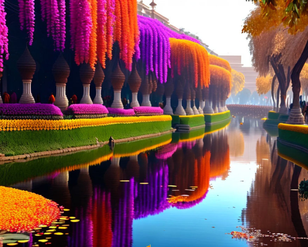 Colorful Garden with Reflective Waterway and Ornate Balustrades