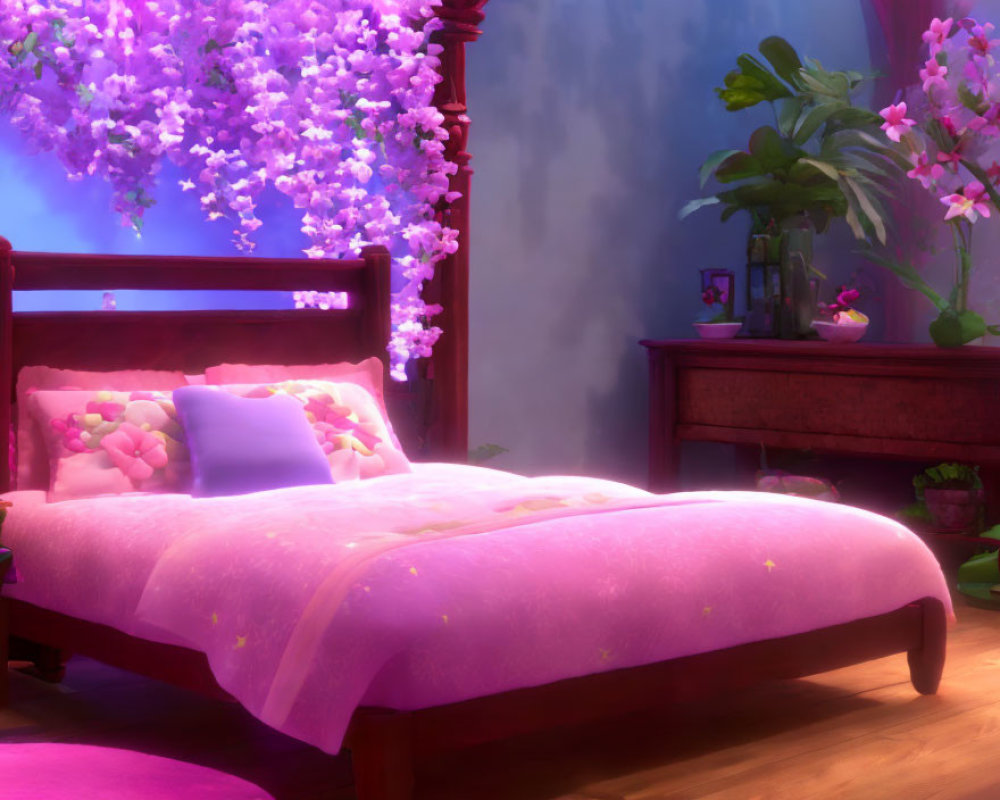Purple-themed bedroom with star-patterned linens and magical glowing flowers.