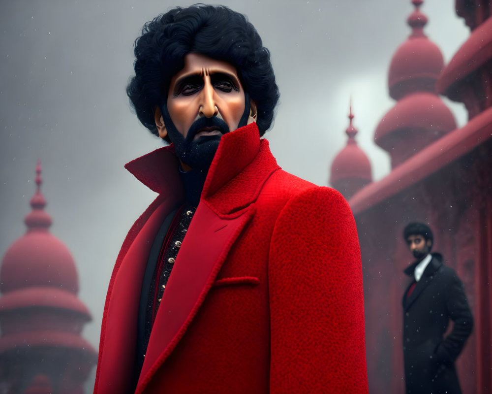 3D-rendered image of two men in red jackets, one pensive, the other blurred