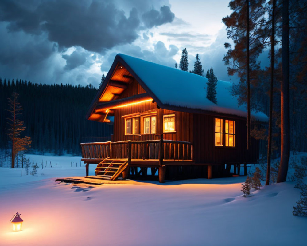 Snowy Twilight Scene: Cozy Wooden Cabin, Lantern, and Snow-Covered Trees