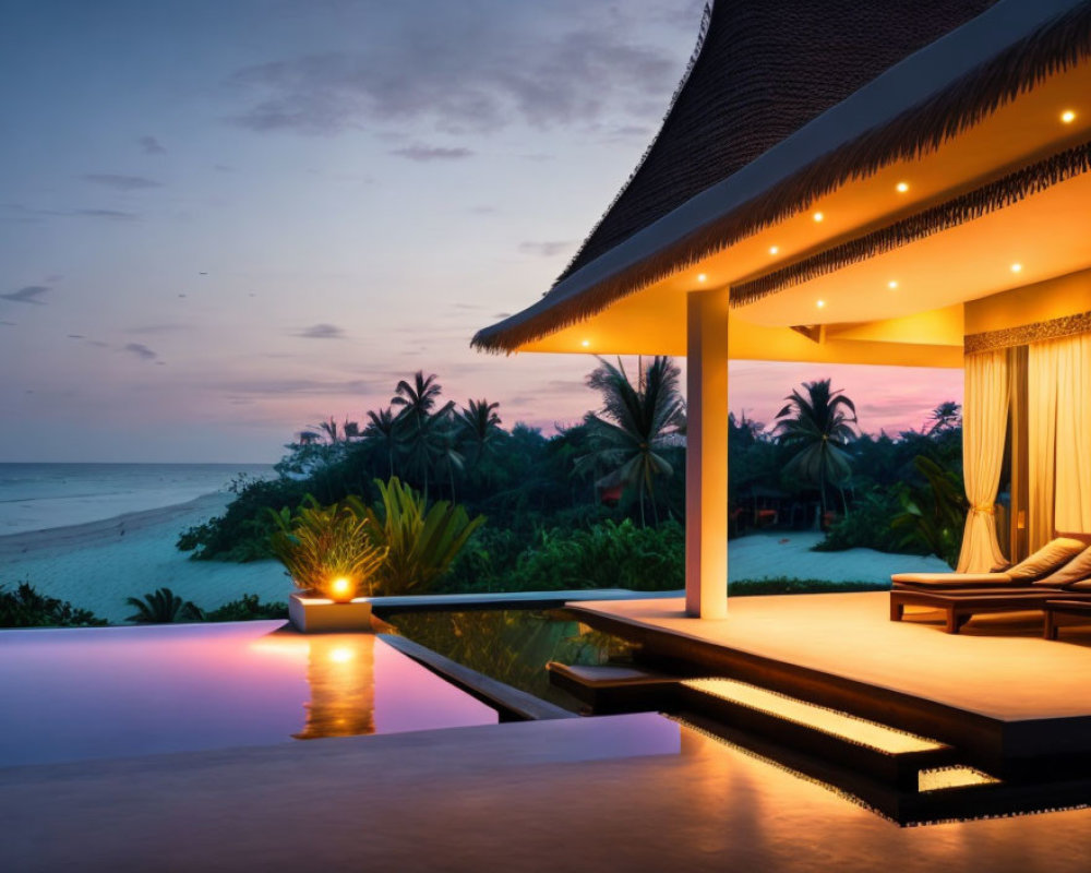 Twilight luxury beachside villa with infinity pool and thatched roof overlooking the sea