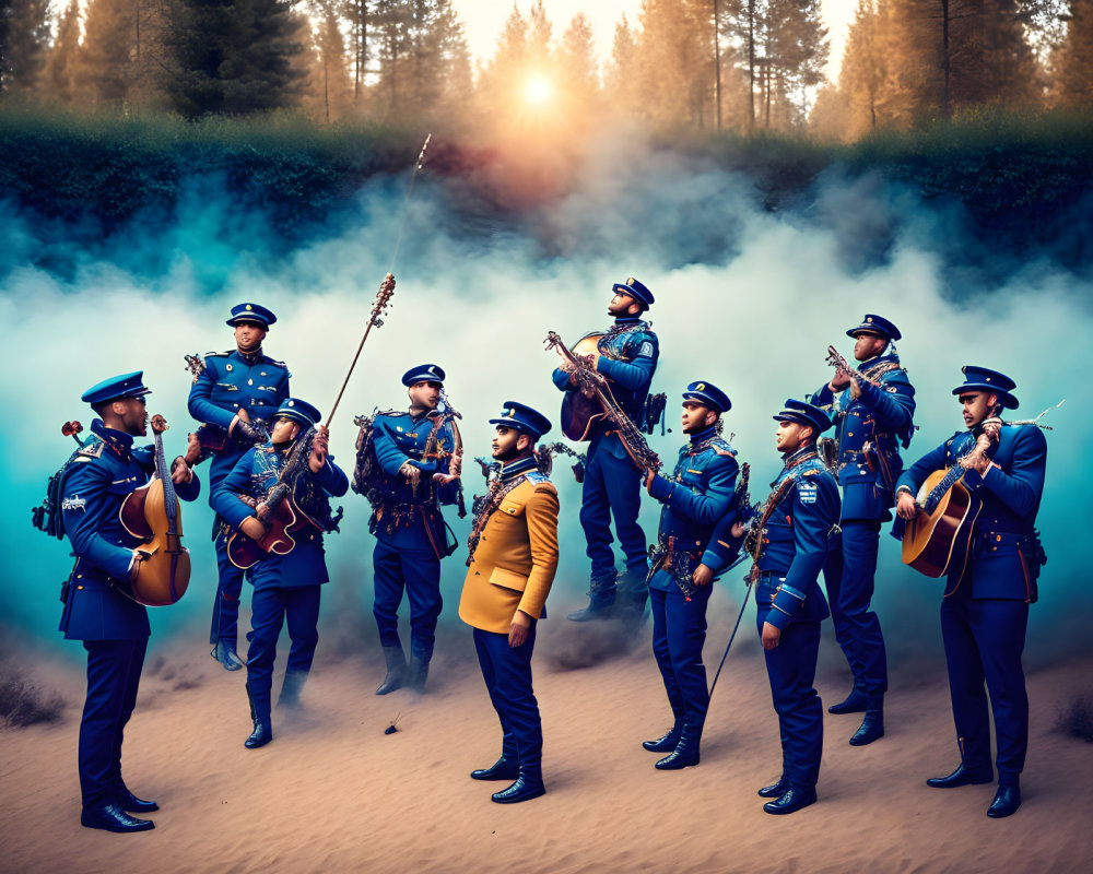 Band with guitars in misty woods exudes artistic unity