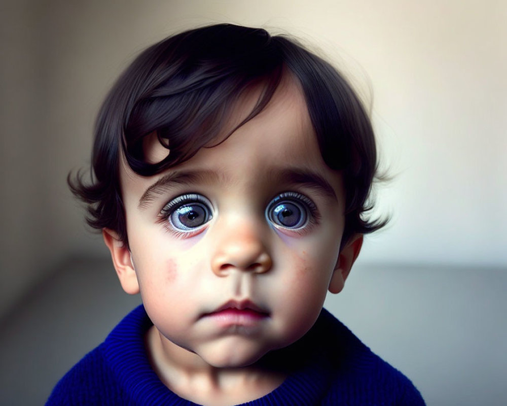 Child with expressive eyes, curly hair, scratch on cheek, blue sweater