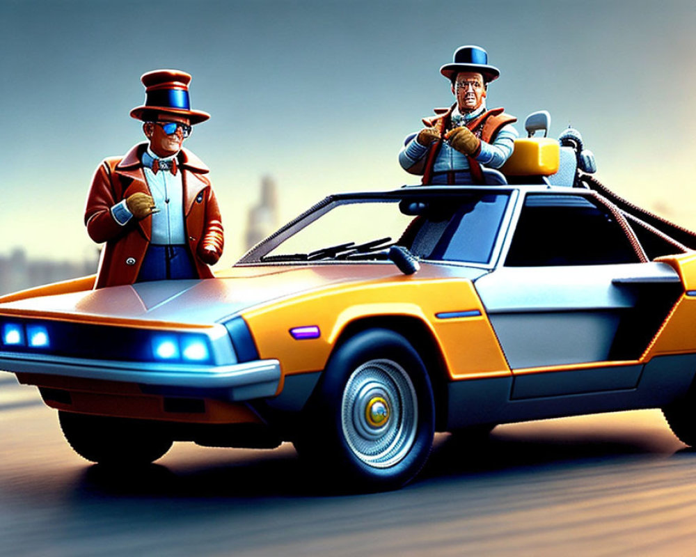 Vintage car with animated figures in iconic costumes