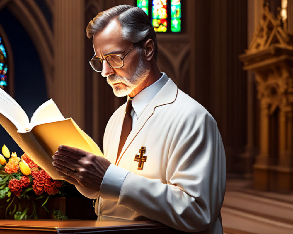 Man reading book in church with stained glass windows