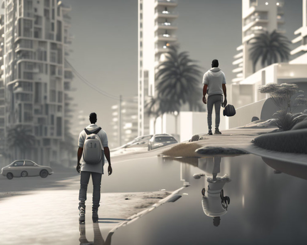 Man standing on surreal inverted cityscape with monochromatic tone