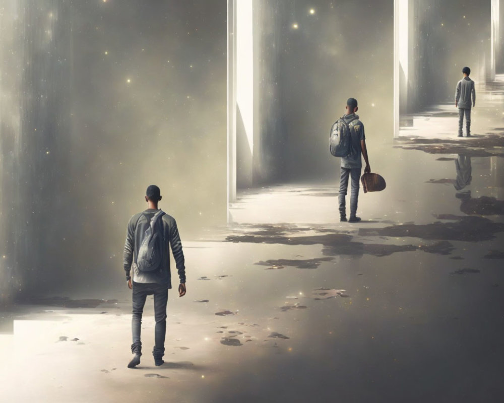 Men in ethereal space with towering pillars and dreamlike atmosphere.