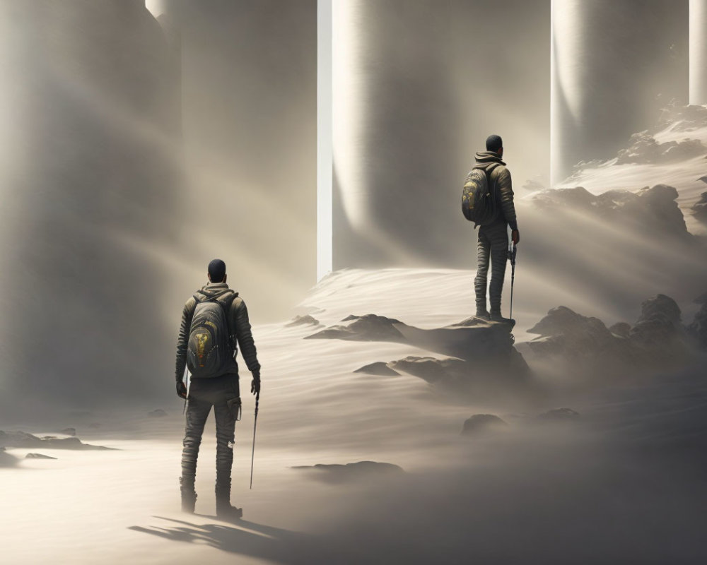 Explorers in misty surreal landscape with towering pillars