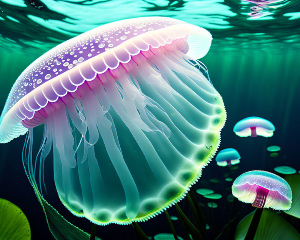 Luminescent jellyfish in underwater scene with aquatic plants