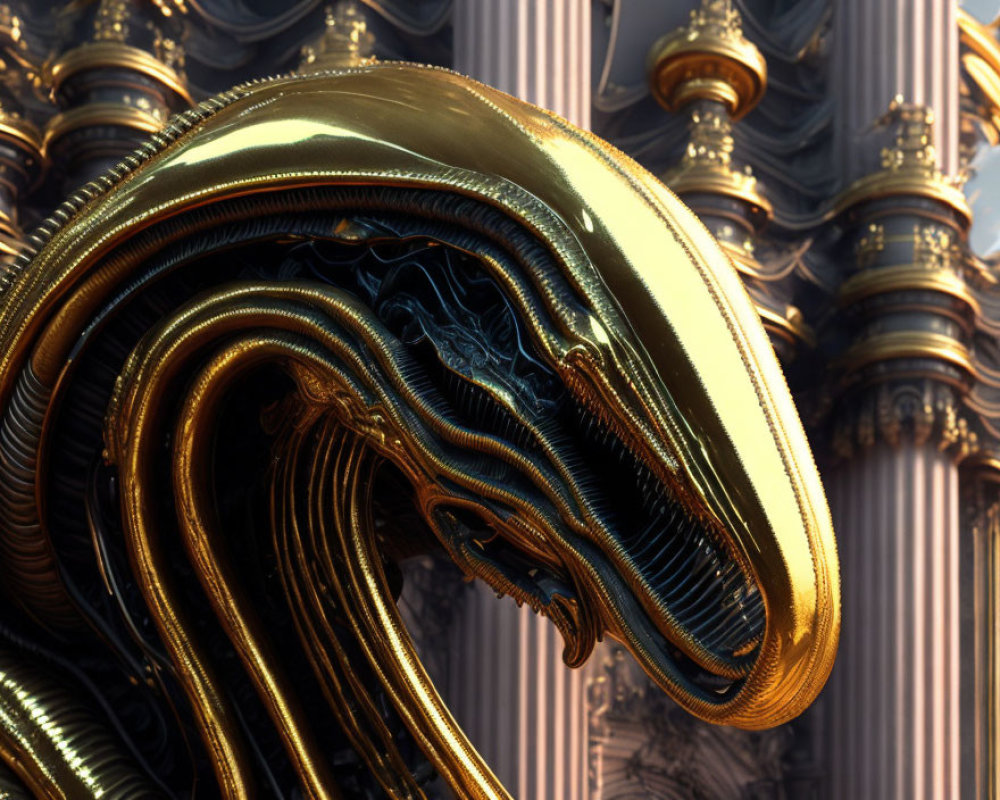 Detailed Metallic Alien Head Sculpture with Golden Layers on Mechanical Pillars