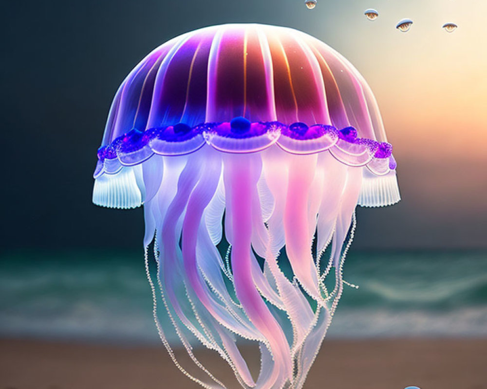 Translucent purple and pink jellyfish in ocean setting