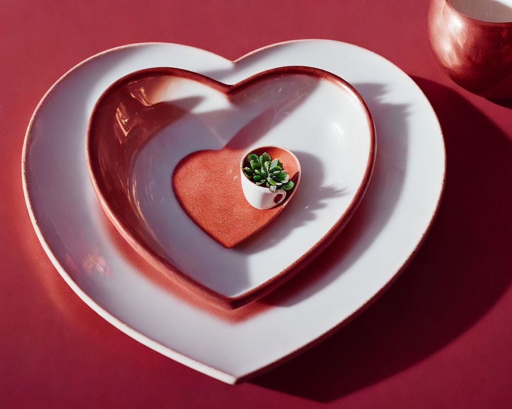 Heart-shaped white plate with smaller heart item on red surface next to copper cup