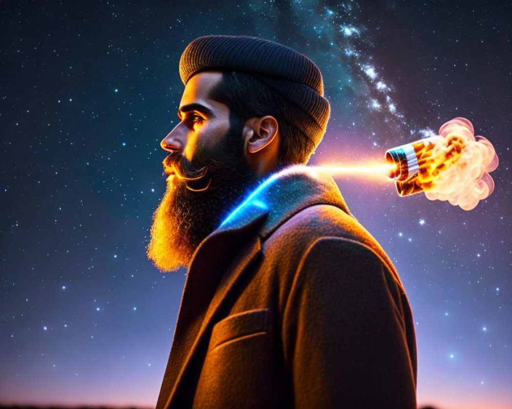 Bearded man with lit light bulb against night sky