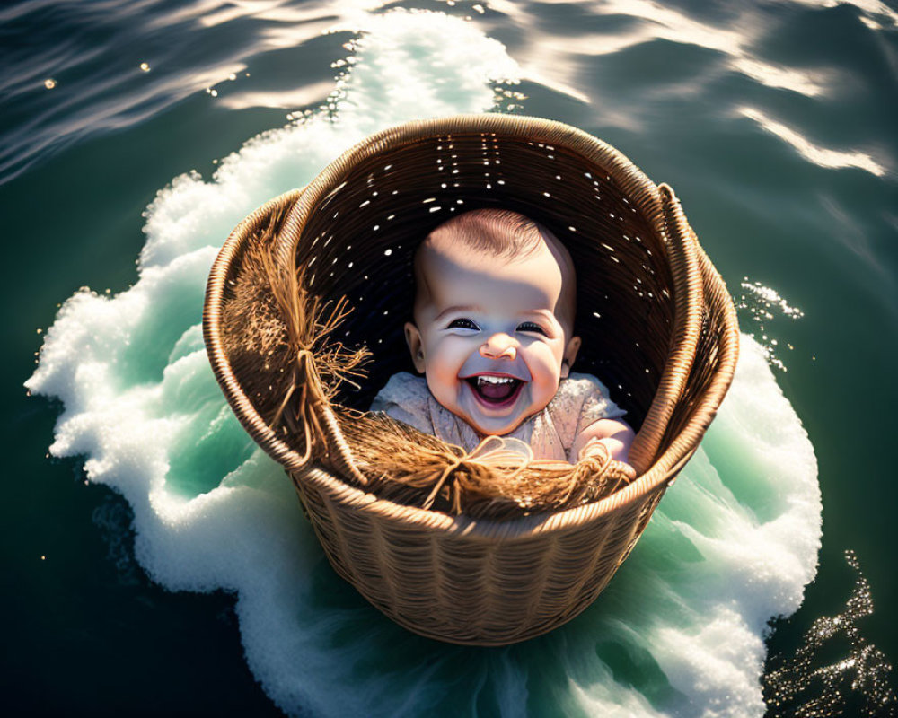 Joyful Baby Giggling in Woven Basket on Calm Water
