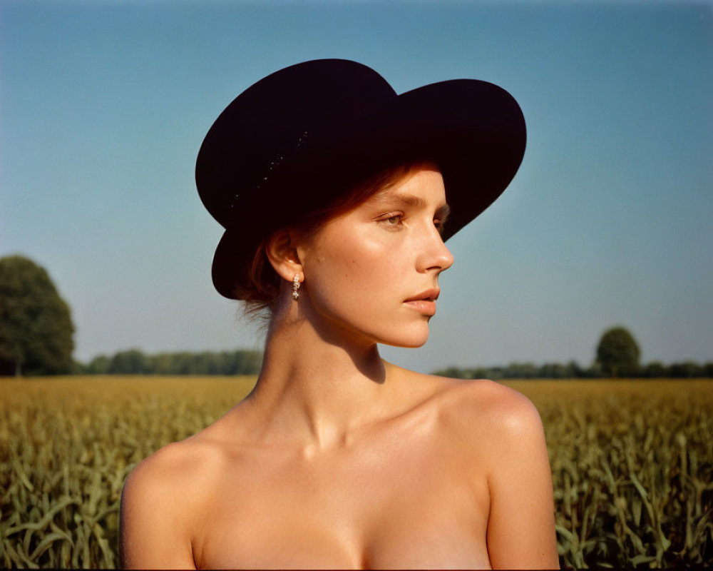 Profile of a woman in a large black hat against green field and clear sky