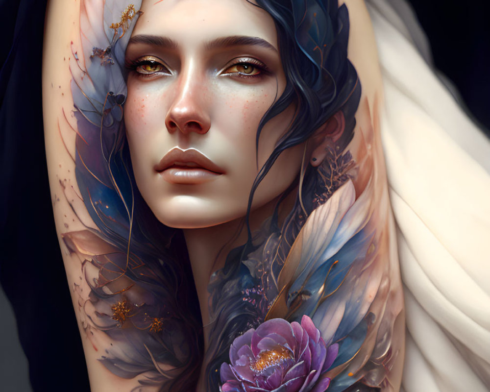 Digital painting of woman with blue hair and nature-inspired motifs on dark background