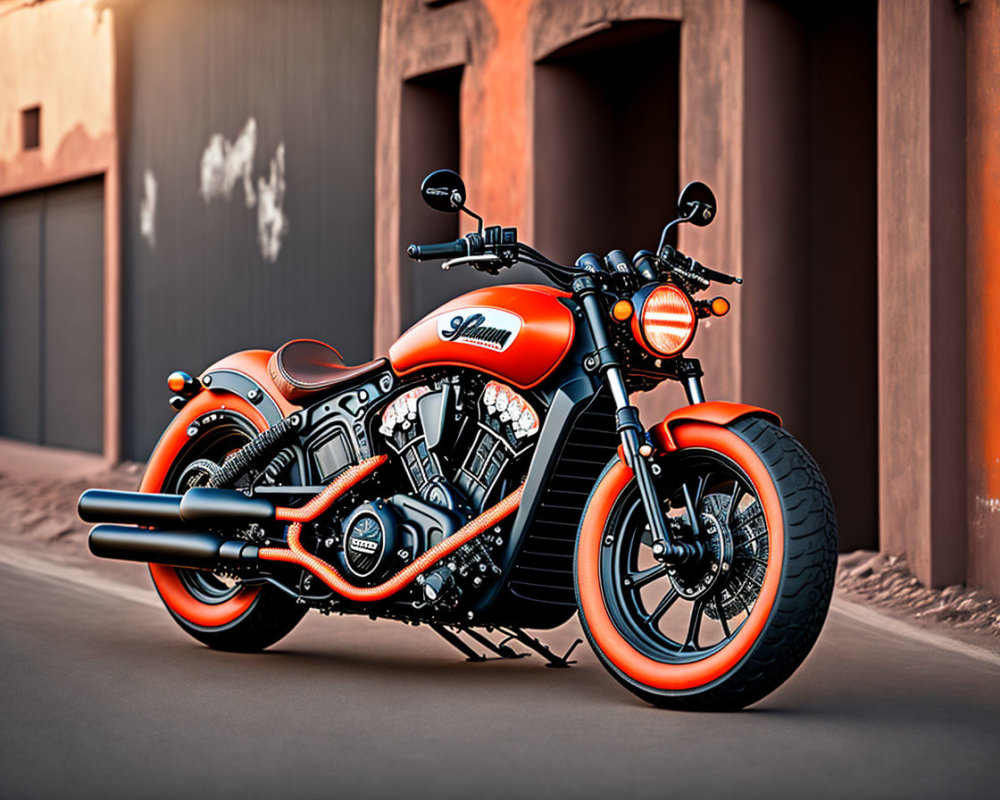 Custom Orange and Black Motorcycle on Urban Road at Sunset