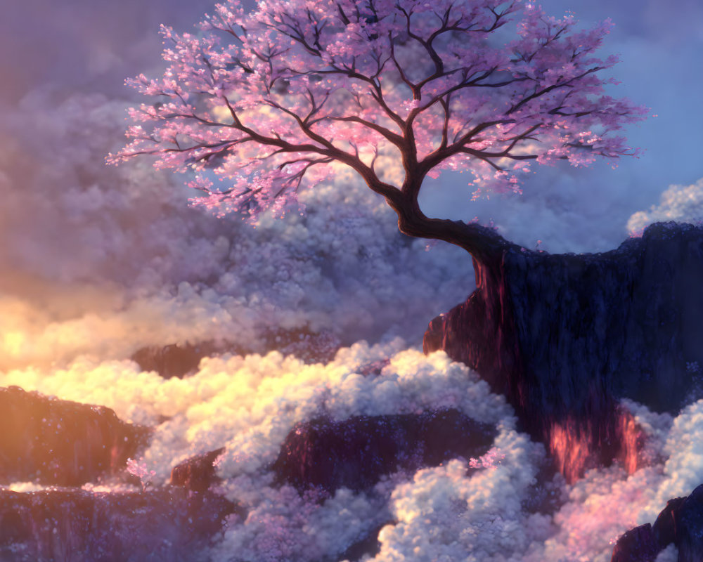 Cherry Blossom Tree on Cliff Under Pastel Sunrise Sky