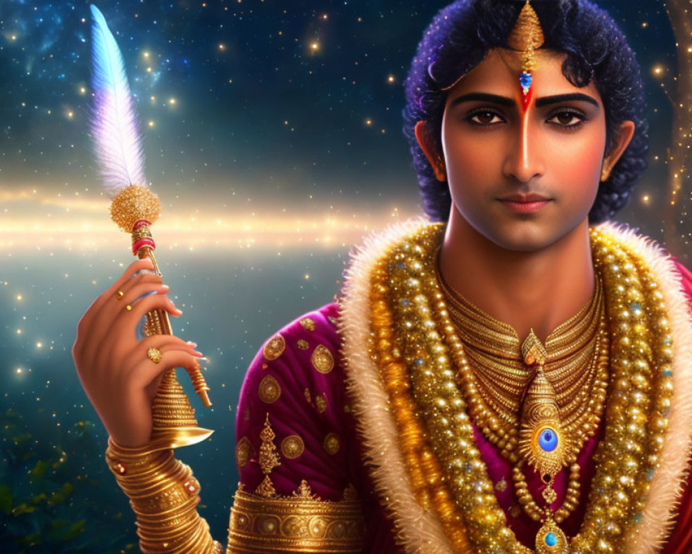 Regal figure in purple and gold with radiant sword on starry backdrop