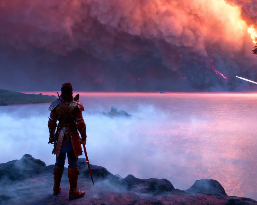 Traditional armored warrior observes volcanic eruption at twilight over misty water