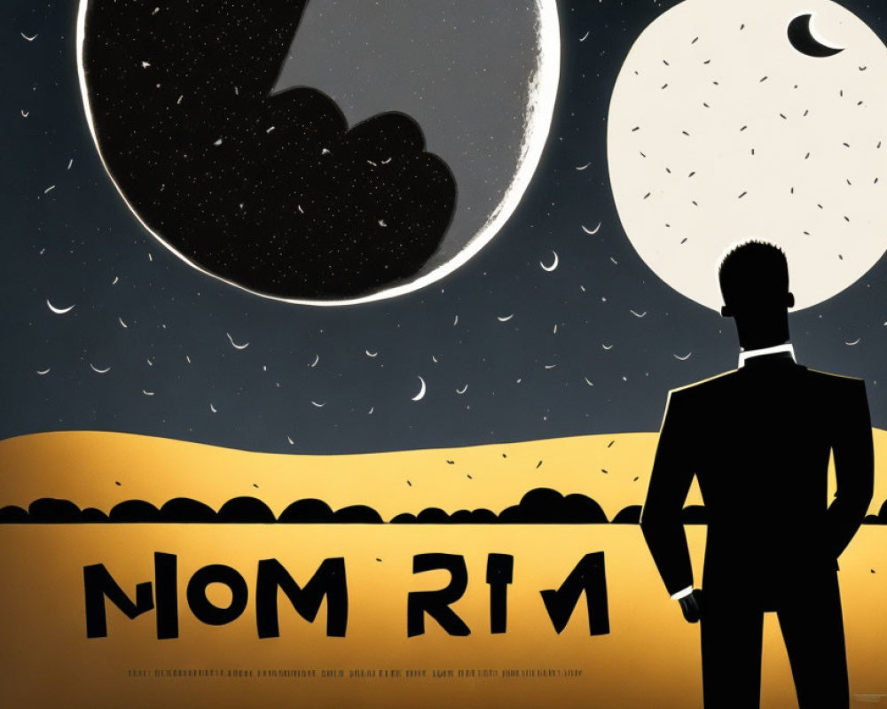 Man's silhouette in front of stylized "NOM RTI" graphic poster against night sky with