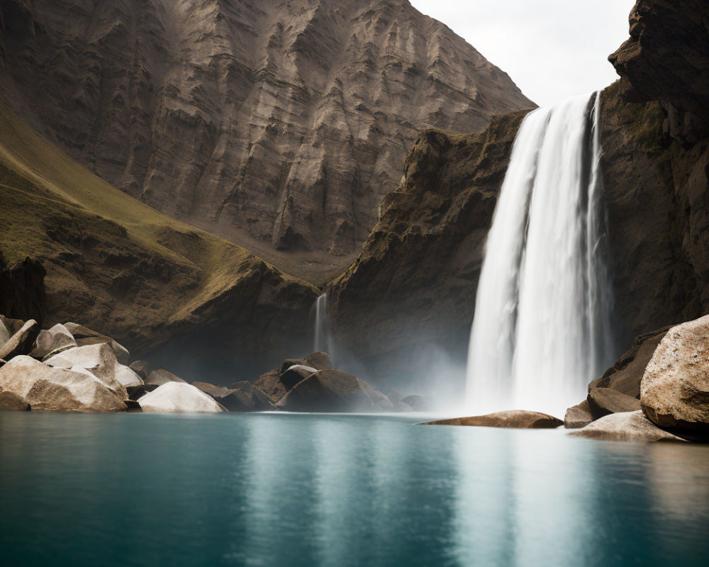 Majestic waterfall over rugged mountains and turquoise pool