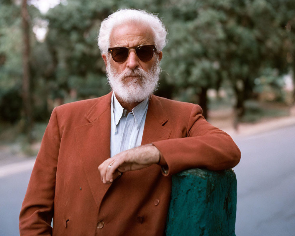Elderly man with white hair and beard in sunglasses and blazer leaning on green post