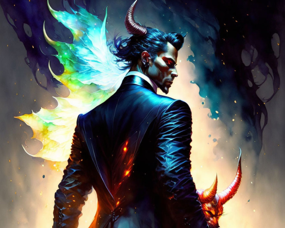 Man with Horns and Blue Suit, Ethereal Wings, Embers on Dark Background