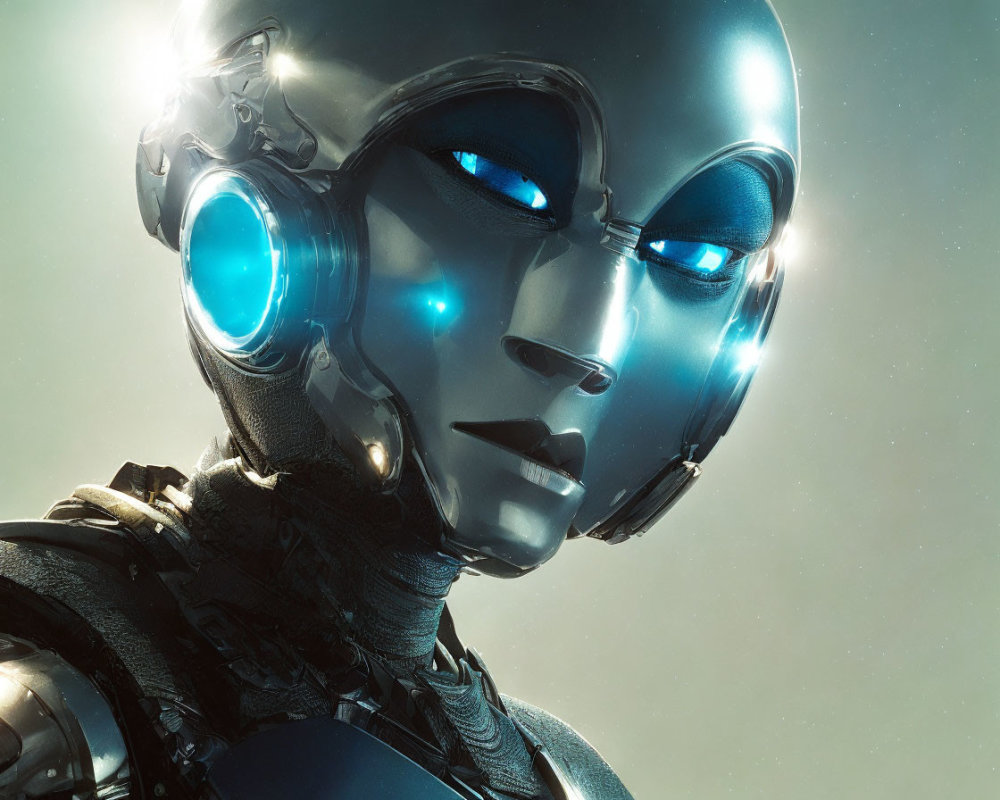 Humanoid robot with sleek metallic surface and glowing blue eyes