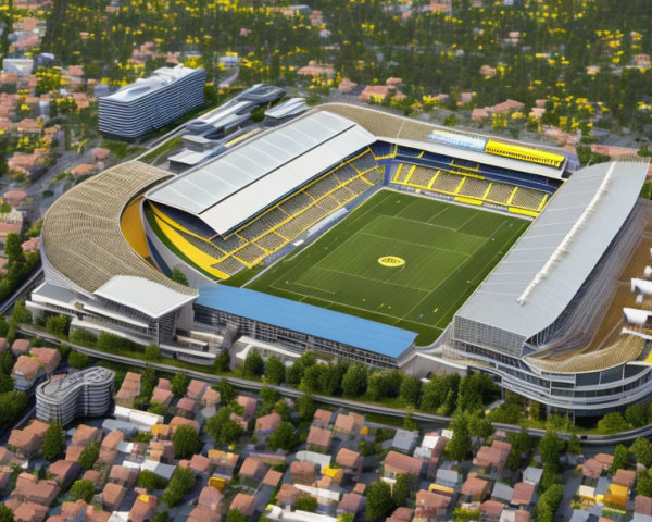 Modern stadium with blue and yellow seats in urban setting