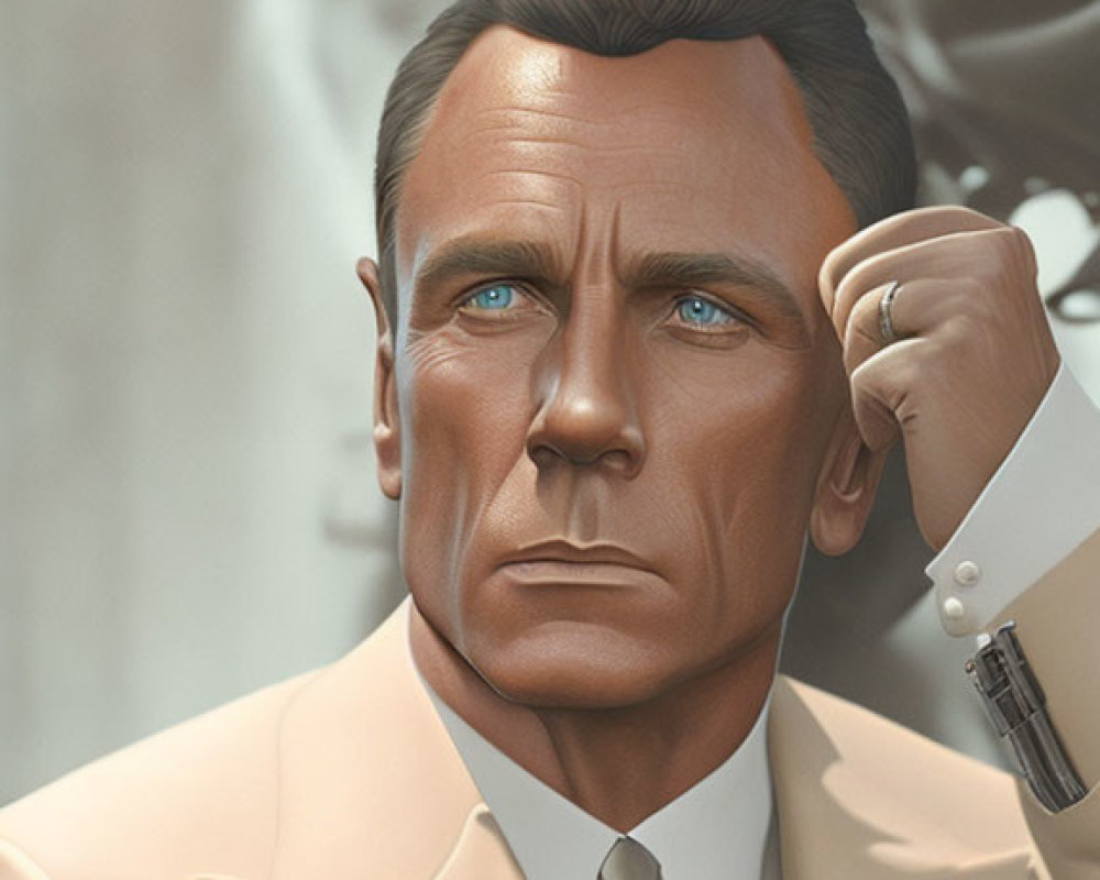 Digital artwork: Stern man in beige suit with futuristic motorcycle helmet.