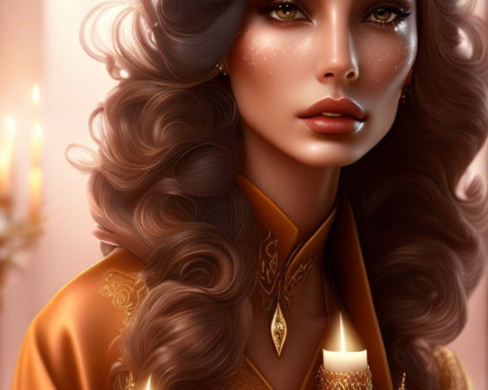 Illustrated woman with voluminous wavy hair and gold headpiece holding ornate lamps in elegant attire