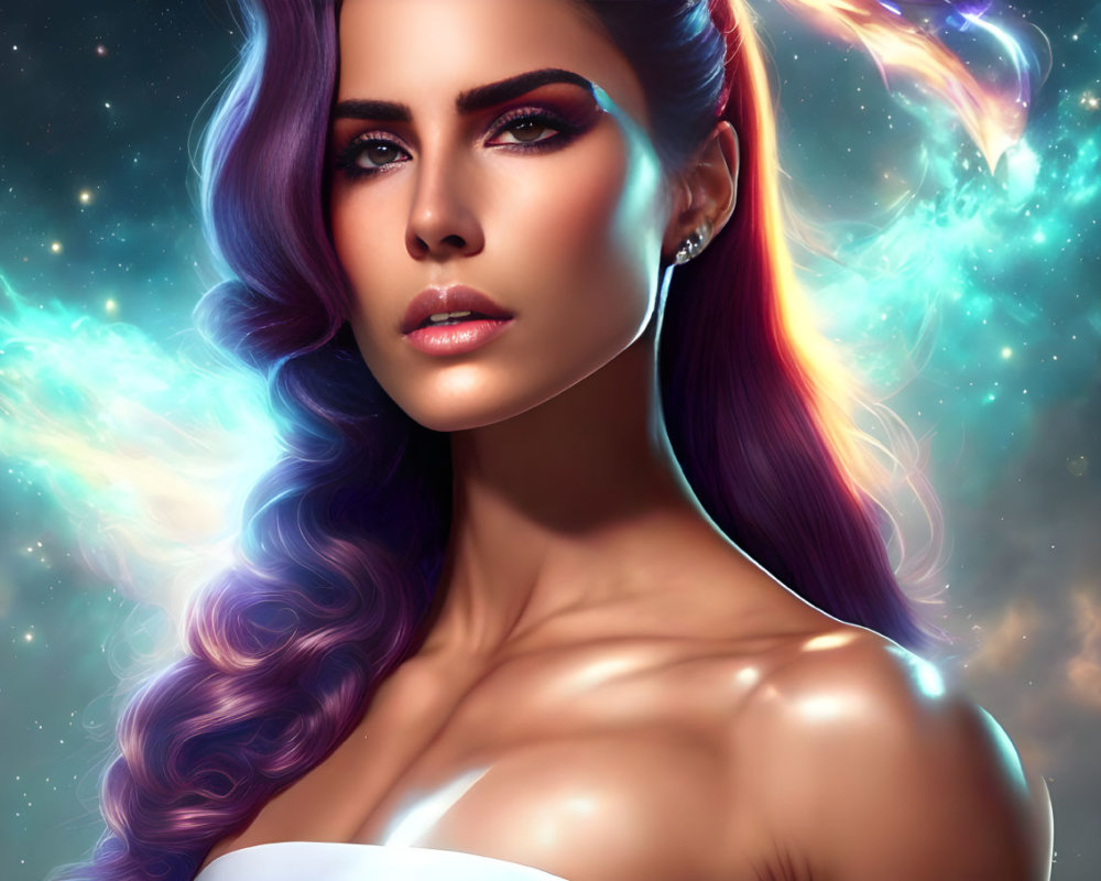 Vibrant digital artwork: Woman with purple hair in cosmic setting