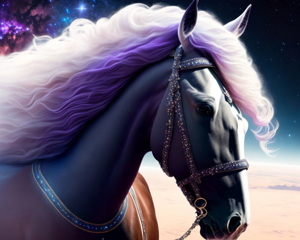 Majestic unicorn digital artwork with flowing mane and cosmic backdrop
